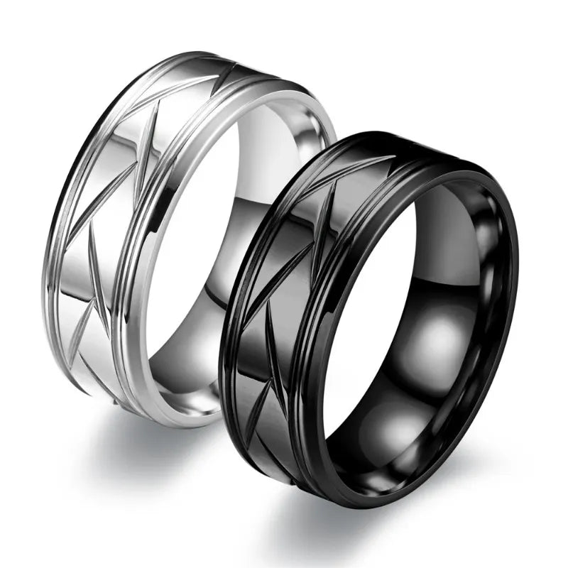 Black Groove Beveled Stainless Steel Ring